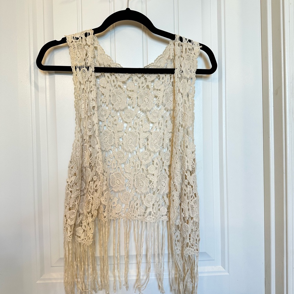 Cream Crochet Fringe Vest